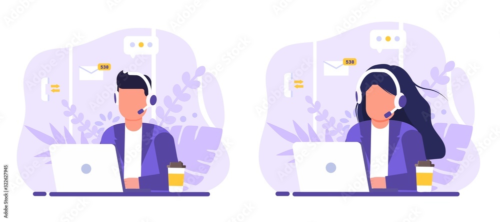 Customer service, operator set man and woman sitting at table with a laptop, with headphones and a microphone, around icons support elements, coffee and flowers . Flat style vector illustration.