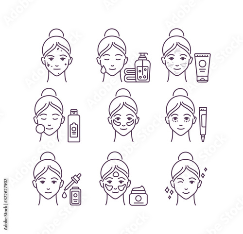 Skin care black line icons set. Woman face with a different facial procedures: leansing, toning, moisturizing. Pictogram for web page, mobile app, promo. UI UX GUI design element. Editable stroke.