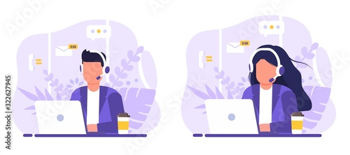 Customer service, operator set man and woman sitting at table with a laptop, with headphones and a microphone, around icons support elements, coffee and flowers . Flat style vector illustration.