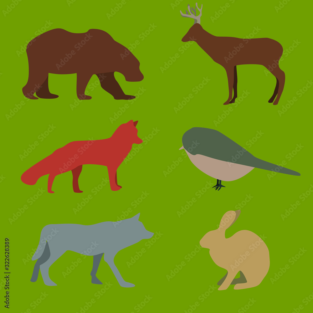 set of different forest inhabitants. animals shapes bear fox wolf deer rabbit bird. vector clipart.