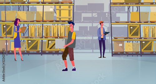 People carrying and counting boxes in warehouse. Courier, cargo, shelves, package flat vector illustration. Logistics, job, shipment concept for banner, website design or landing web page