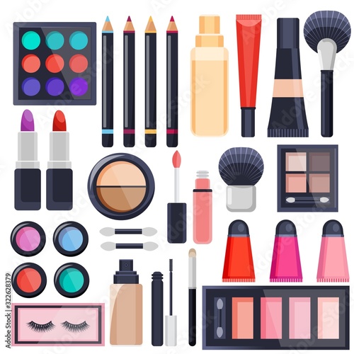 Big set decorative makeup cosmetics tools. Beauty products mascara accessories and cosmetic stuff. Make up concept vector flat illustration with lipstick, blush, powder, eyeliner, eyelashes.