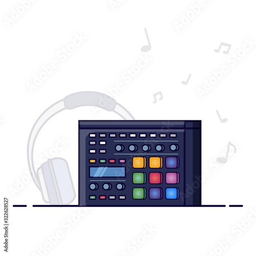 Creative modern musical instruments. Music and studio equipment. Icons including recording studio launchpad, headset. Cartoon flat line style vector illustration on white background.