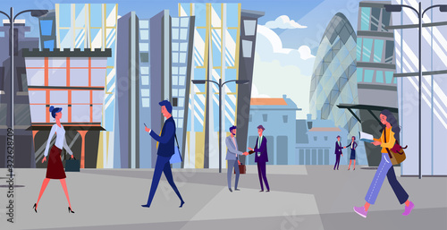 People walking in business district. Office building, businesspeople, student flat vector illustration. Downtown, center, city concept for banner, website design or landing web page