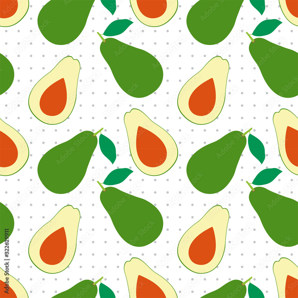Vector seamless pattern with polka dots and avocado. Vector illustration of avocado, half avocado. Vector seamless pattern with polka dots and avocado. Vector illustration of avocado, half avocado.