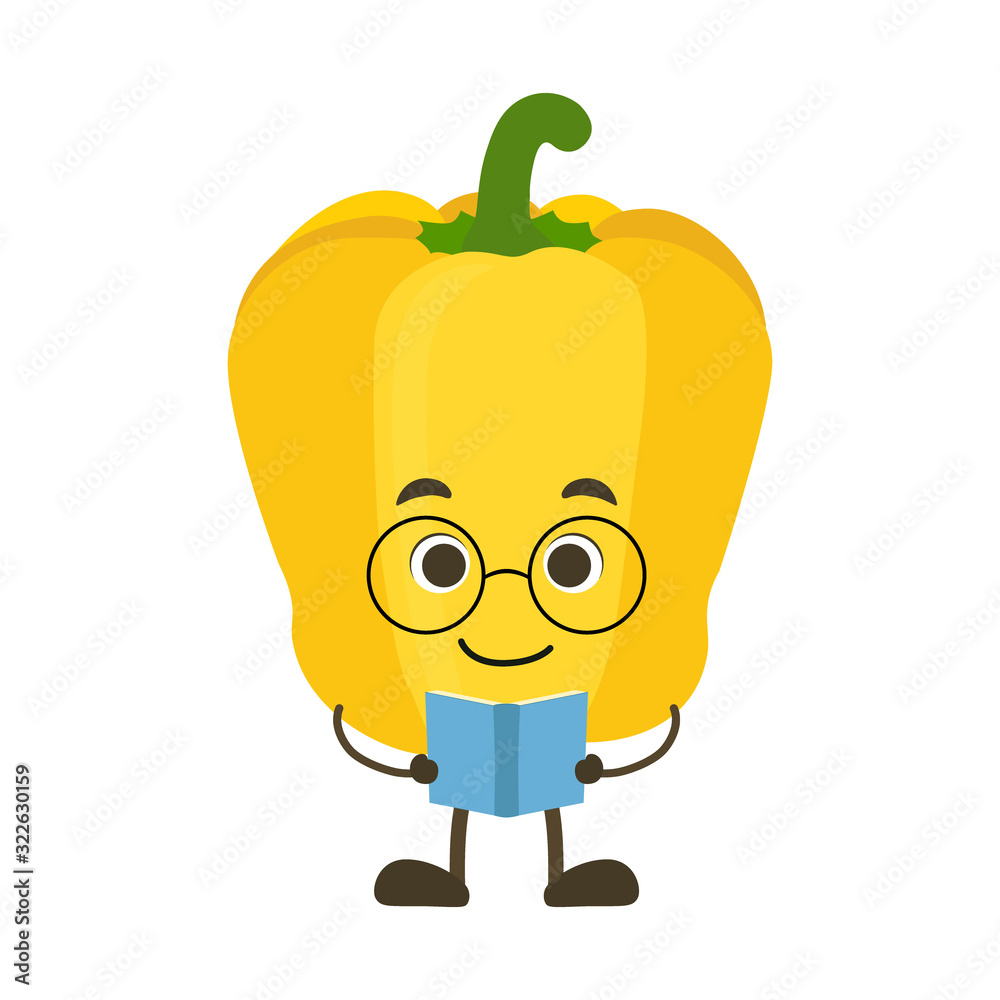 Vector character of bell pepper in glasses reads book