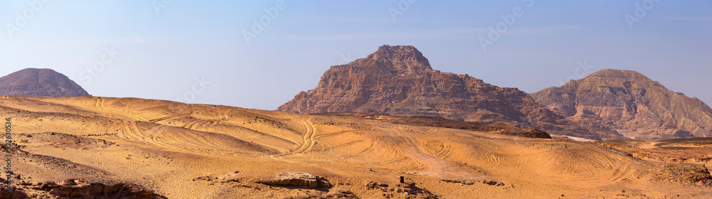 Egypt. Desert and mountains of the Sinai Peninsula. Sands, dunes, rocks and gorges. Promised land.