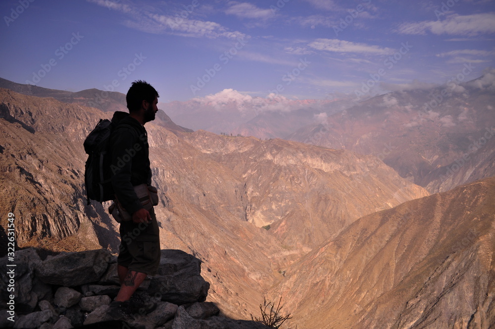 Fototapeta premium Adventurous man observing the mountainous landscape