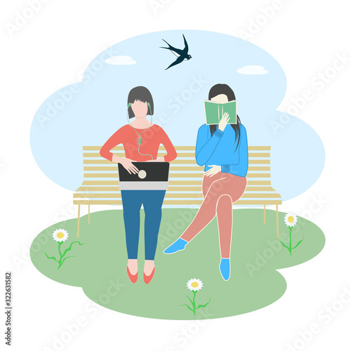Girls are sitting on a bench, clouds, flowers, swallow - abstract icon - isolated on a white background illustration, vector. Lifestyle. Rest at nature.