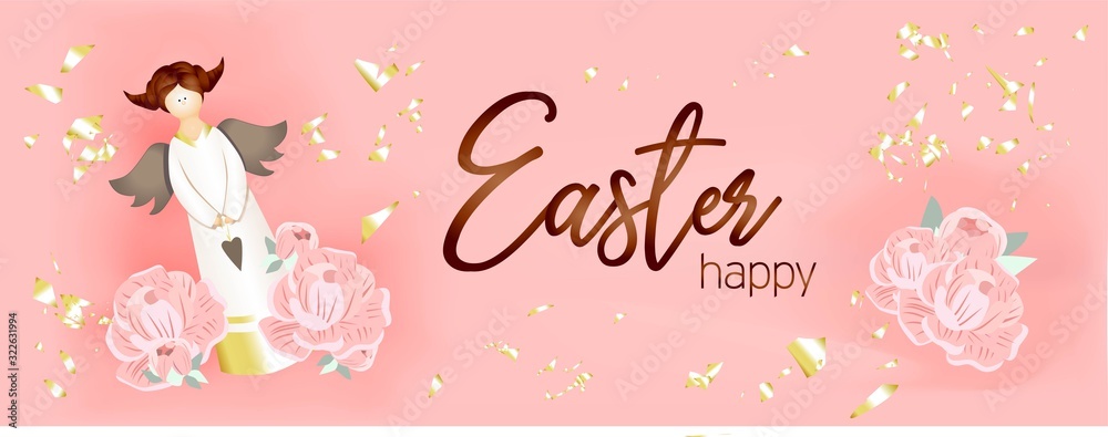 Merry Easter. Background with a golden figure of an angel. Decorative metal 3d render of an angel. Easter holiday. Greeting card, banner, holiday poster.. Merry Easter. Background with a golden figure of an angel. Decorative metal 3d render of an angel. Easter holiday. Greeting card, banner, holiday poster..