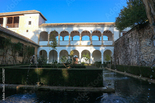 View from the beautiful patio to the Generalife palace in sunny winter morning