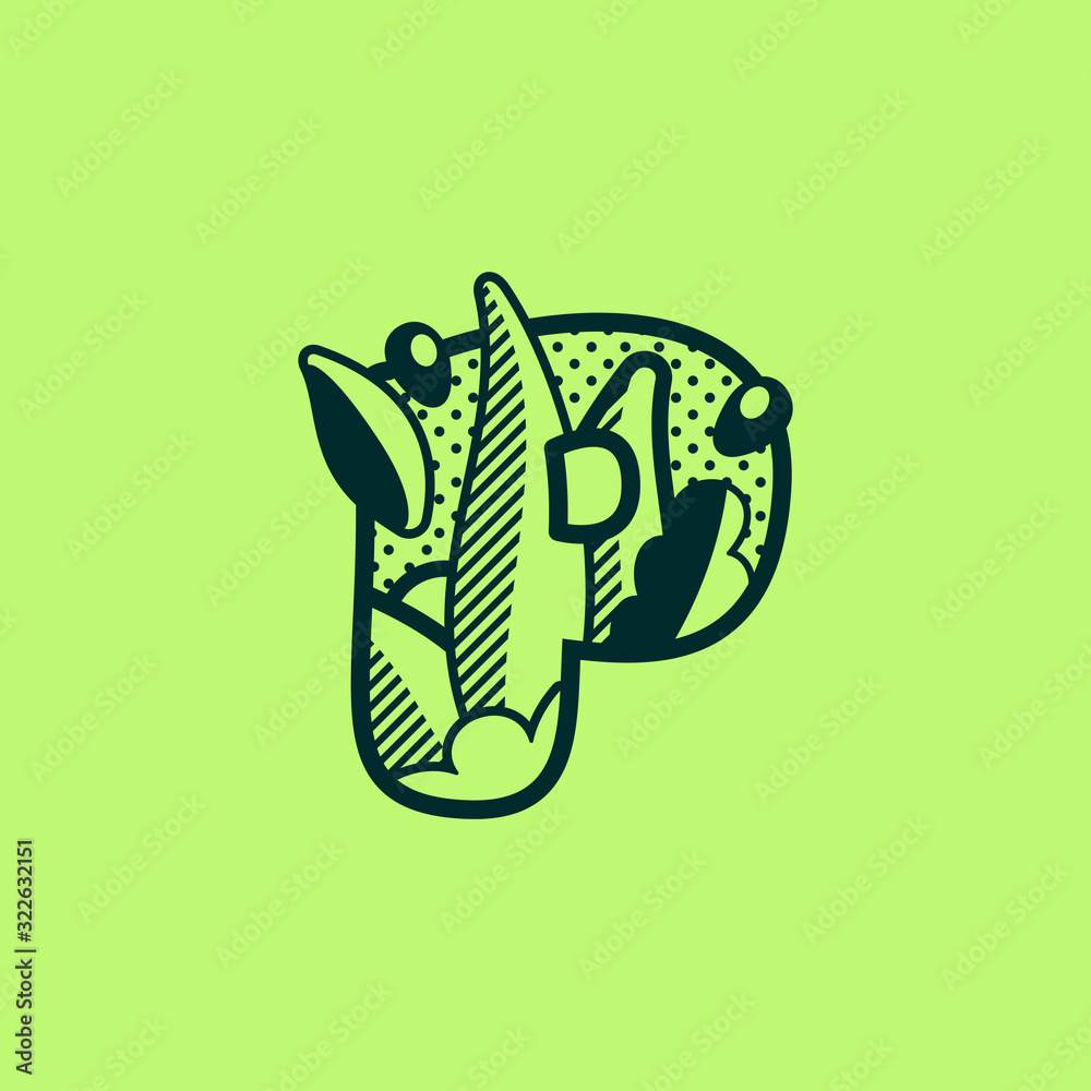 P letter landscape monochrome logo with leaves and dew drops. P letter landscape monochrome logo with leaves and dew drops.