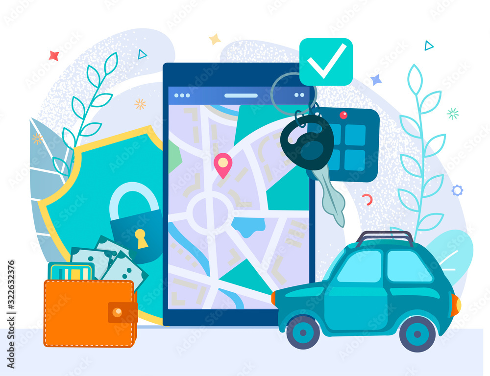 Mobile app for renting a car in a smartphone with geolocation and navigation