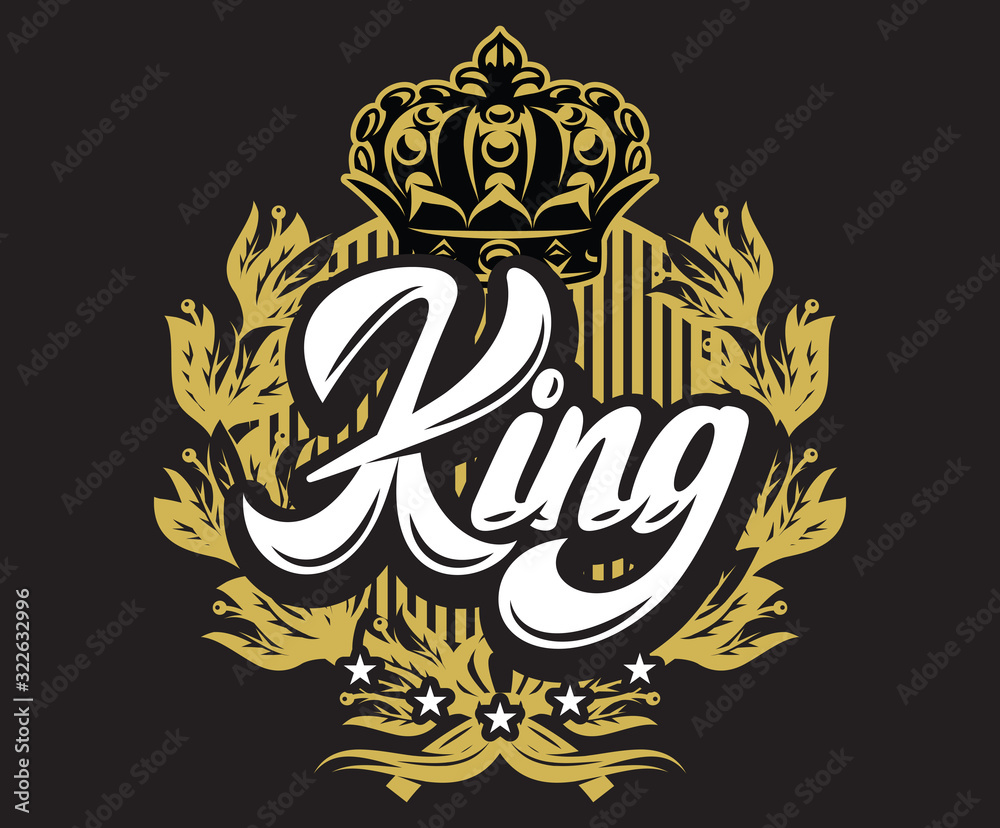 Vector template with calligraphic inscription king, crown and wreath on black background