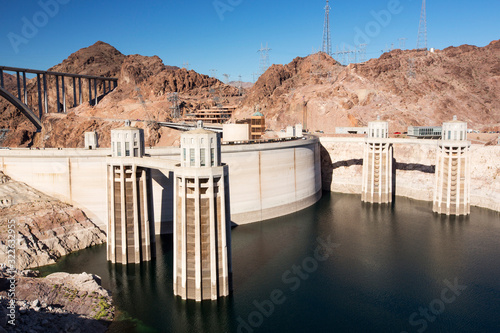 Intake towers for the Hoover Dam hydro electric power station, Lake Mead, Nevada, USA. The lake is at exceptionally low levels following the four year long drought.