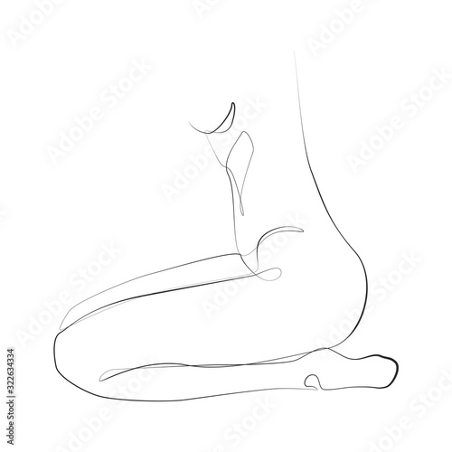 Nude woman sitting on her knees one line drawing on white isolated background. Vector illustration 