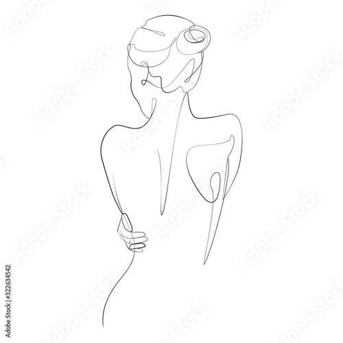 Naked woman standing back one line drawing on white isolated background. Vector illustration 
