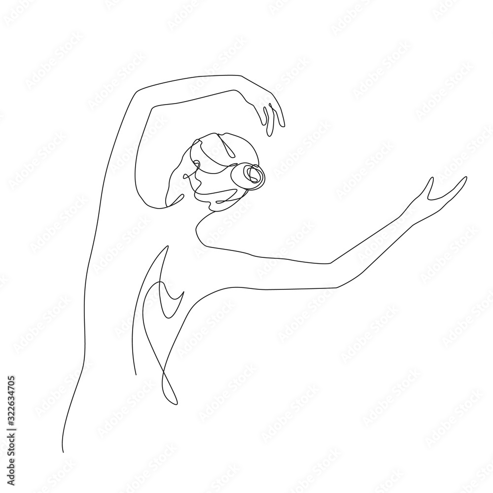Fototapeta Woman stands with her back and sways with her arms raised up one line drawing on white isolated background. Vector illustration
