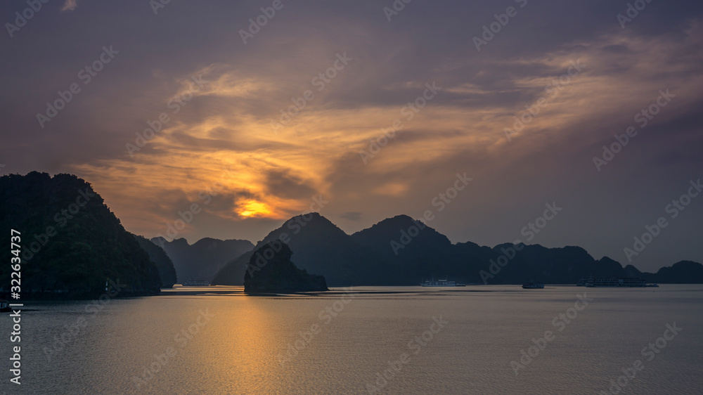 spectacular red sunrise in halong bay (Vietnam)