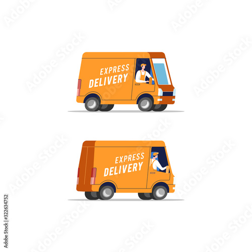 Delivery trucks with men carrying parcels. Vector illustration.