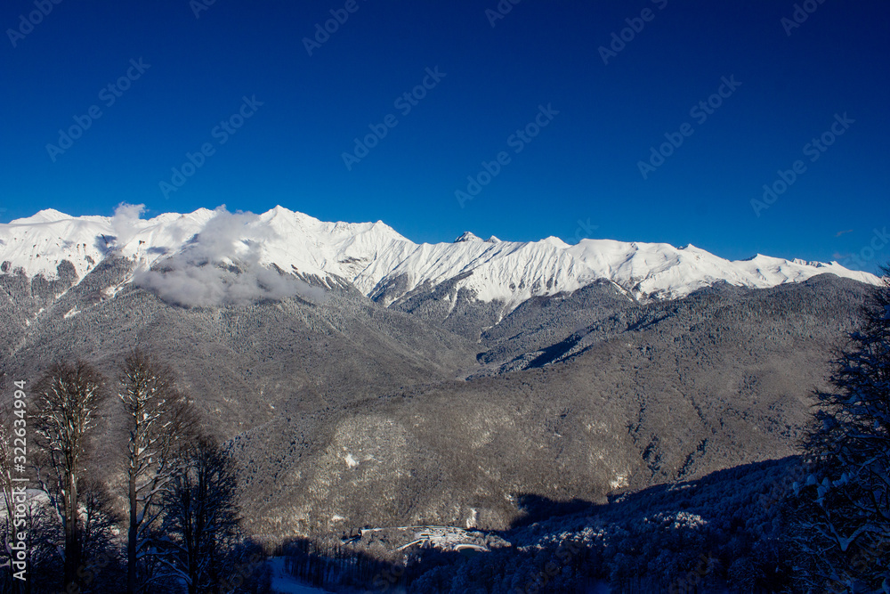 Obraz premium Beautiful view of the snowy mountain peak in the Alps. Wonderful sunny weather. Sochi