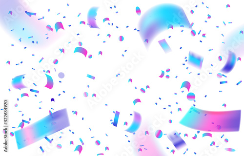 Holographic confetti on white background. Festive template in neon colors for party illustration, surprise, gift, birthday invitation.