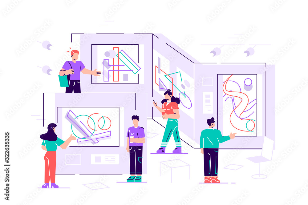 People regarding creative artworks or exhibits People regarding creative artworks or exhibits