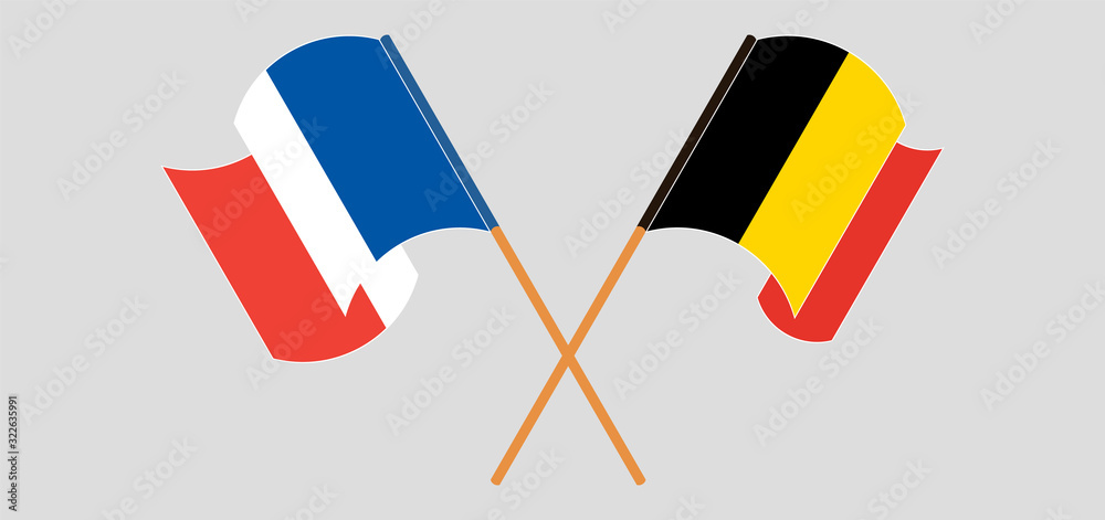 Crossed and waving flags of Belgium and France Crossed and waving flags of Belgium and France