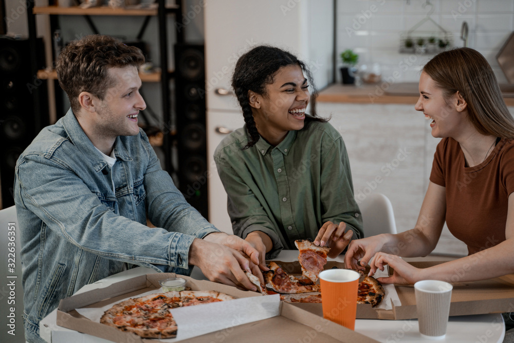 Pizza lovers, student resting at home, have little pretty time, eat and drink, food delivery. International friendship, happy time together, friends having relax time. Enjoy communication and holiday.