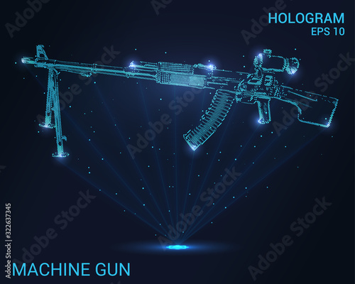 Hologram machine gun. Holographic projection of weapons. Flickering energy flux of particles. The scientific design of the weapon.
