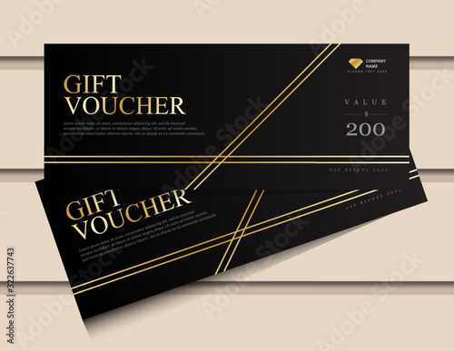 Gift voucher template with glitter gold luxury elements. Vector illustration. Design for invitation, certificate, gift coupon, ticket, voucher.