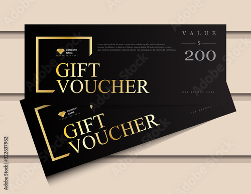 Gift voucher template with glitter gold luxury elements. Vector illustration. Design for invitation, certificate, gift coupon, ticket, voucher.