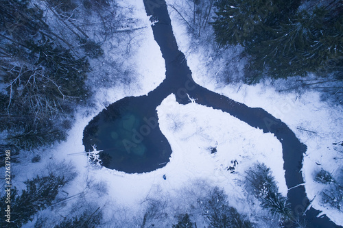 Aerial view of a water spring surrounded by snow Siniallikad Saula, Harju County, Estonia photo