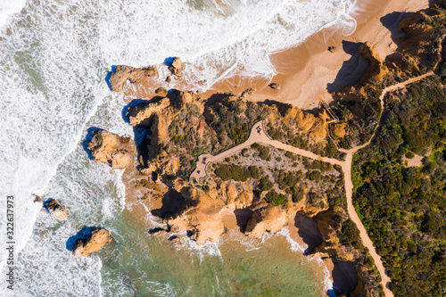 Aerial view of a wooden walkway at the shore of the beach, Torquay, Jan Juc, Victoria, Australia photo