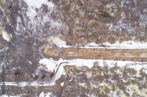 Aerial view of a road surrounded by snow, Tipu, Viljandi County, Estonia photo