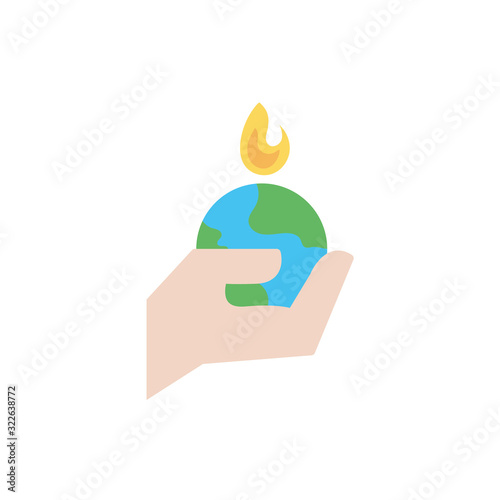 hand lifting world planet earth with fire flame flat style