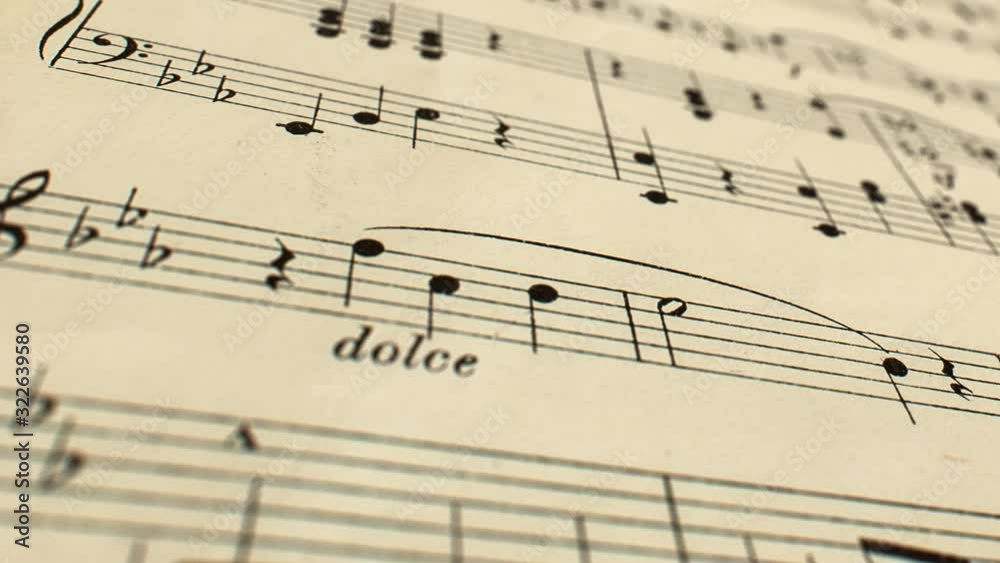 Camera glide and sway over old yellowed music score without lyrics - real paper texture, perspective view, close up Camera glide and sway over old yellowed music score without lyrics - real paper texture, perspective view, close up