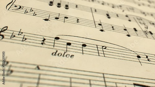 Camera glide and sway over old yellowed music score without lyrics - real paper texture, perspective view, close up