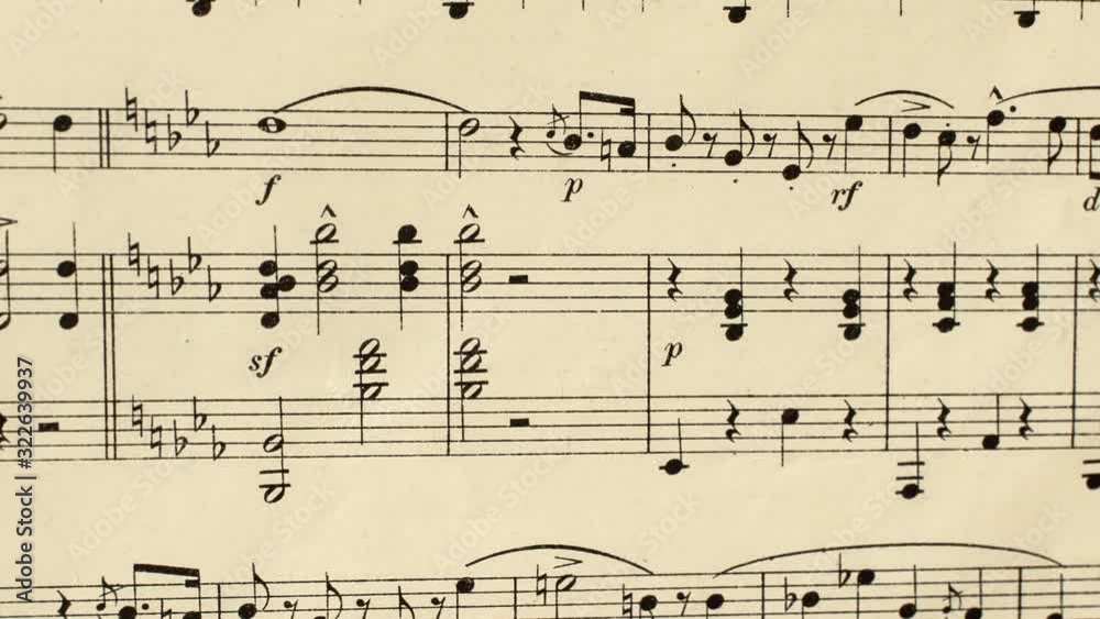 Camera parallax slide over old yellowed music score without lyrics - real paper texture, depth of field shifting, close up Camera parallax slide over old yellowed music score without lyrics - real paper texture, depth of field shifting, close up