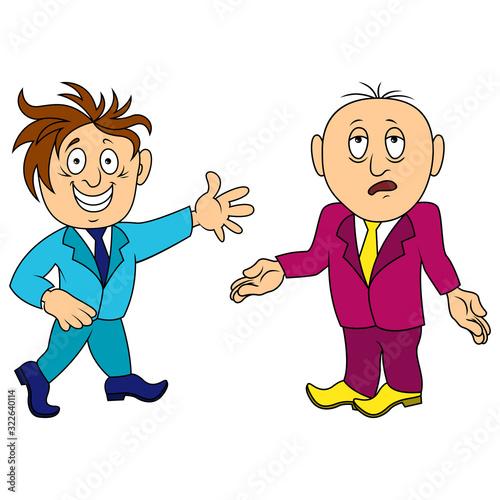 Two cartoon amusing and funny men in various situations