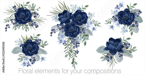 Vector floral set with leaves and flowers. Elements for your compositions, greeting cards or wedding invitations. Blue anemones