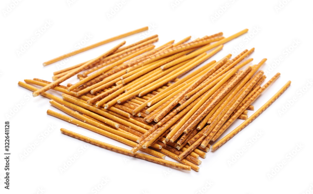 Salty cracker pretzel sticks isolated on white background