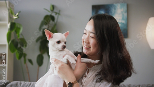 Happy young amazing girl hugging sweet Chihuahua. Fine pet. Compact white dog. Blurred background of apartment. Close-up footage. Indoors.
