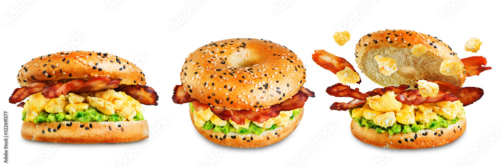 Fried bacon avocado cheese egg salad bagel on a white isolated background Fried bacon avocado cheese egg salad bagel on a white isolated background