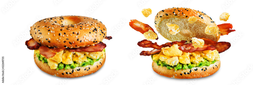 Fried bacon avocado cheese egg salad bagel on a white isolated background Fried bacon avocado cheese egg salad bagel on a white isolated background