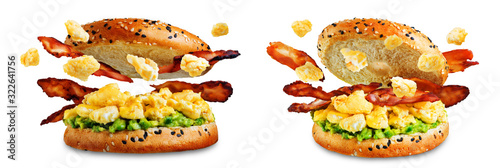 Fried bacon avocado cheese egg salad  bagel on a white isolated background