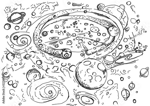 Stylized lines illustration of pizza and space