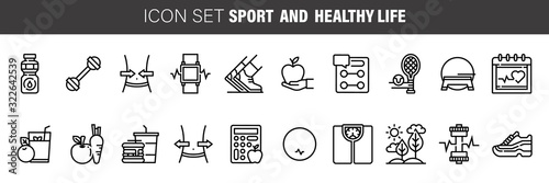 Set vector line icons healthy lifestyle, sport, fitness, running, healthy Food and Diet in flat design , with elements for web and apps.