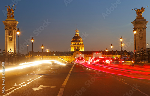 The cathedral of Saint Louis at night  Paris. View from Alexandre III bridge.