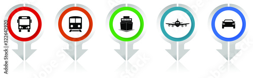 Silver metallic transportation vector pointers, set of  plane, car, bus, train and ship icons